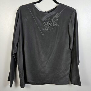 Vintage Panther 100%‎ Silk Black Embroidered Blouse Long Sleeve Keyhole Top